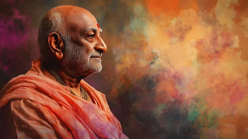 Elder monk profile against radiant abstract color field.
