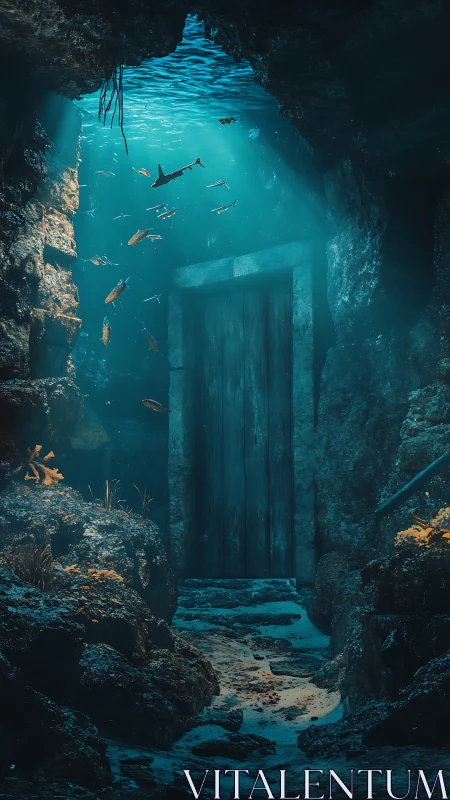 Submerged stone corridor with sealed wooden doorway and fish