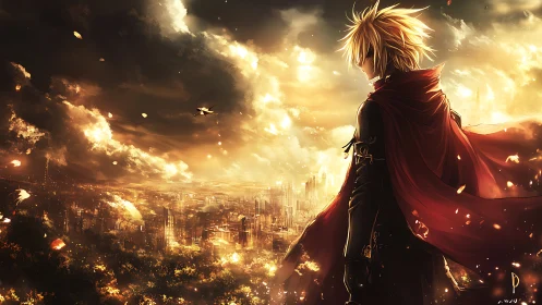 Blond cloaked figure overlooking glowing ruined cityscape.