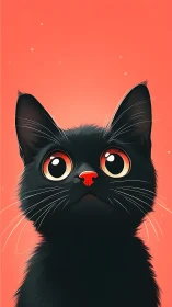 Black cat with enlarged red-rimmed eyes against coral background.