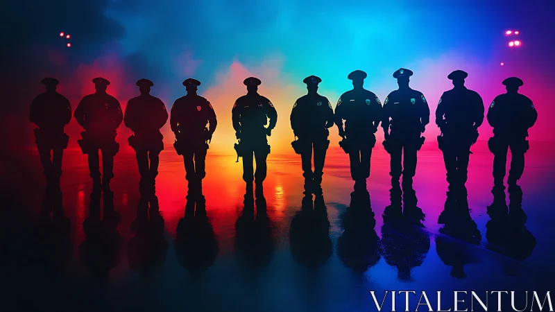 Silhouetted police officers stand aligned under colored lights