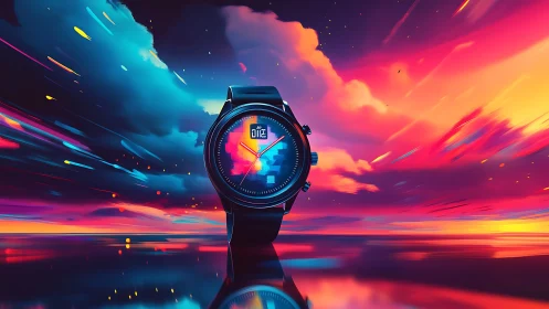 Chronograph isolated in neon-gradient atmospheric velocity field.