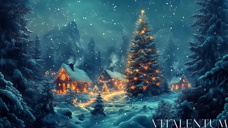 Snowy forest village glows under towering Christmas tree.