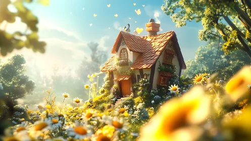 Sunlit fairytale cottage nestles in vibrant wildflower meadow