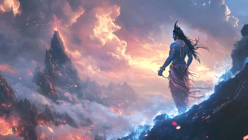 Blue-skinned figure on volcanic slope facing erupting peak.