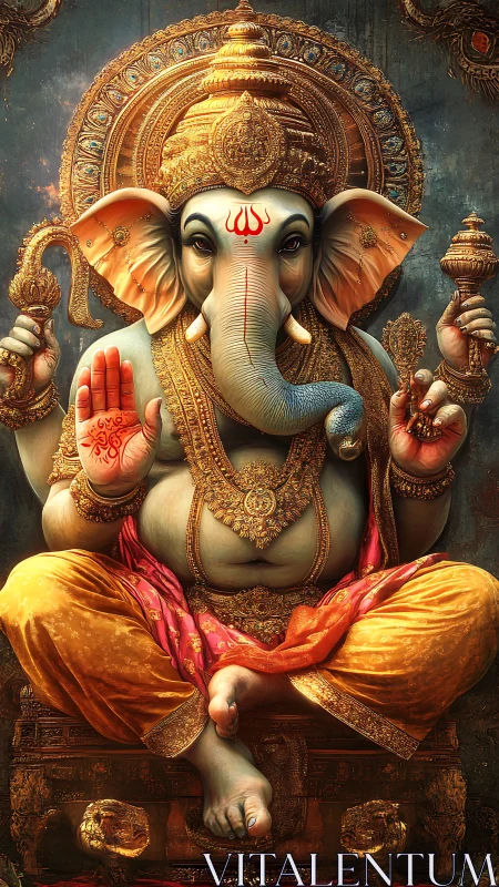 Radiant Lord Ganesha enthroned in opulent golden splendor.