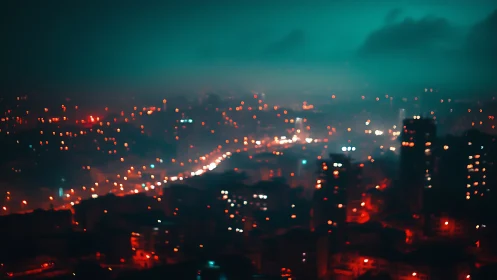 Moody aerial view of blurred city lights at night.