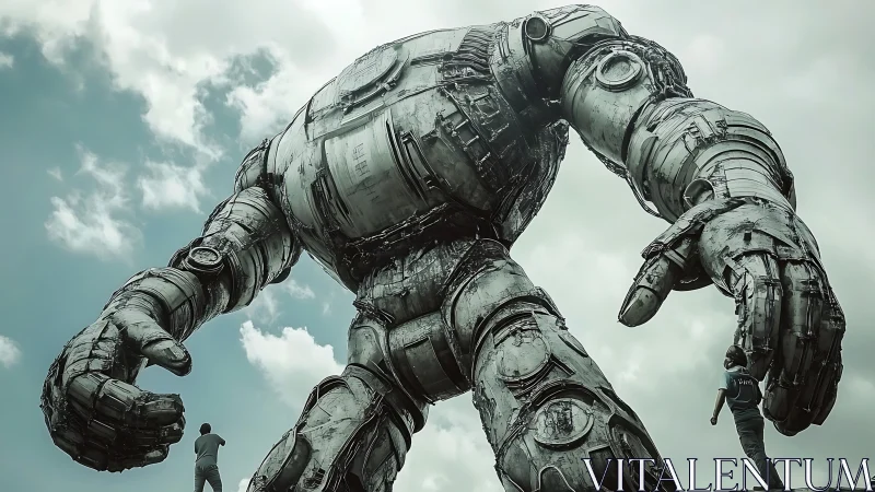 Colossal weathered robot looms over tiny human figures.