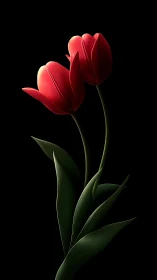 Two red tulips with green stems against black background