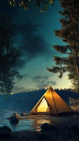Cozy lakeside tent glowing softly under a peaceful night sky.