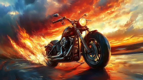 Blazing motorcycle roars forward beneath a wild sunset sky