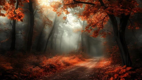 Misty Autumn Forest Path: Atmospheric Landscape with Golden Foliage.
