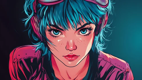 Neon cyberpunk portrait girl with teal hair and goggles.
