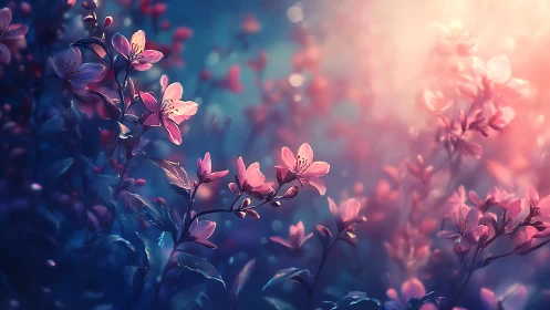 Pink flowers in bokeh environment with gradient lighting.