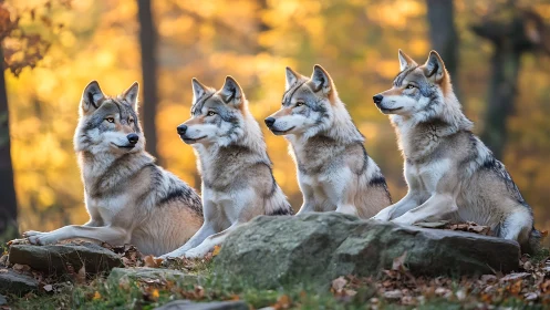Four alert gray wolves rest on forest rocks at sunset