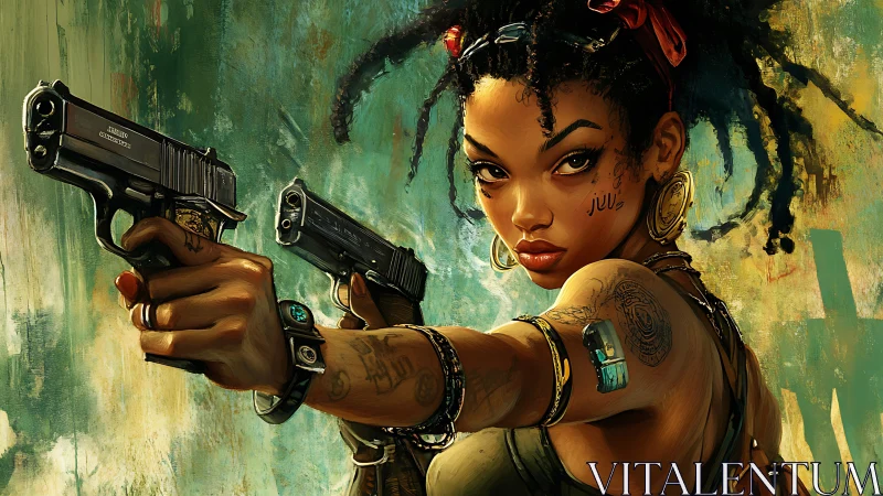 Gun-wielding street heroine in bold digital painting.
