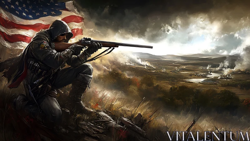 Hooded marksman kneels before US flag over burning battlefield