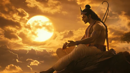 Solitary seated archer figure against low sun at horizon.