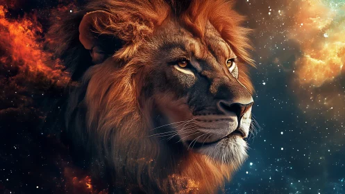 Majestic cosmic lion gazing thoughtfully into starlit skies.