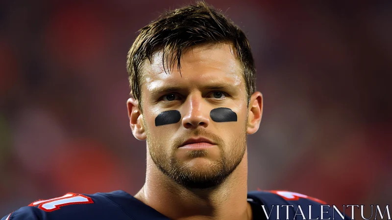 Focused football player gazes ahead under bright stadium lights