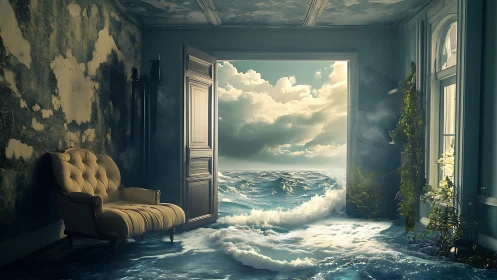 Dreamy flooded room opens gently into a rolling ocean