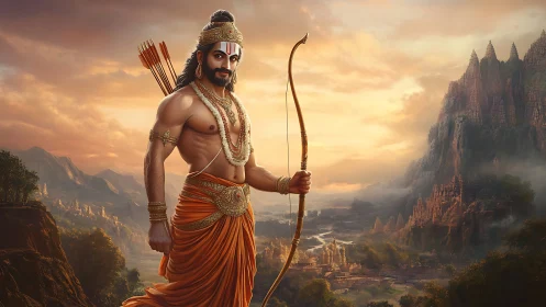 Heroic archer stands before ancient valley city at sunrise