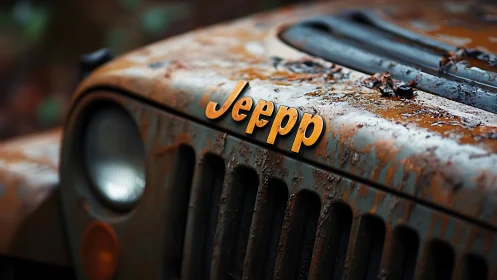 Weathered off-road jeep front wearing its muddy adventures.