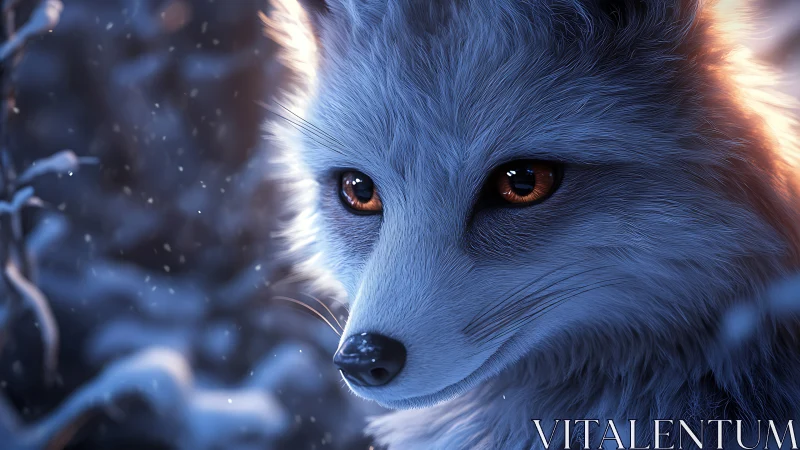Blue-toned fox portrait in softly lit winter scene.