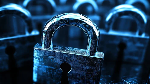 Chromed cyber lock with digital circuitry texture in blue light.