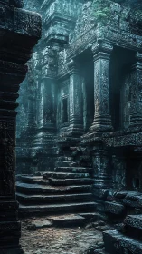 Ancient stone temple ruins with misty overgrown stairway.