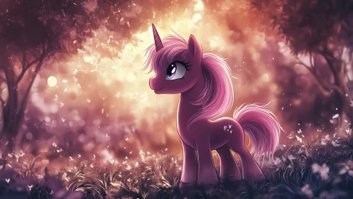 Backlit pink unicorn pony stands in glowing bokeh forest clearing