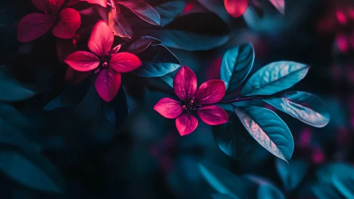 Neon Pink Flowers Glow Against Deep Teal Foliage.