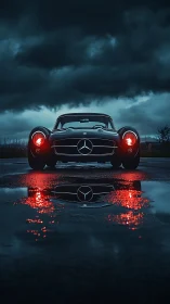 Classic Mercedes coupe under storm clouds with red reflections.