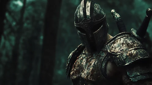 Armored warrior in bloodstained plate harness dominates forest frame