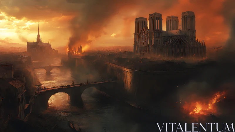 Gothic riverside city burning under dramatic red sky.