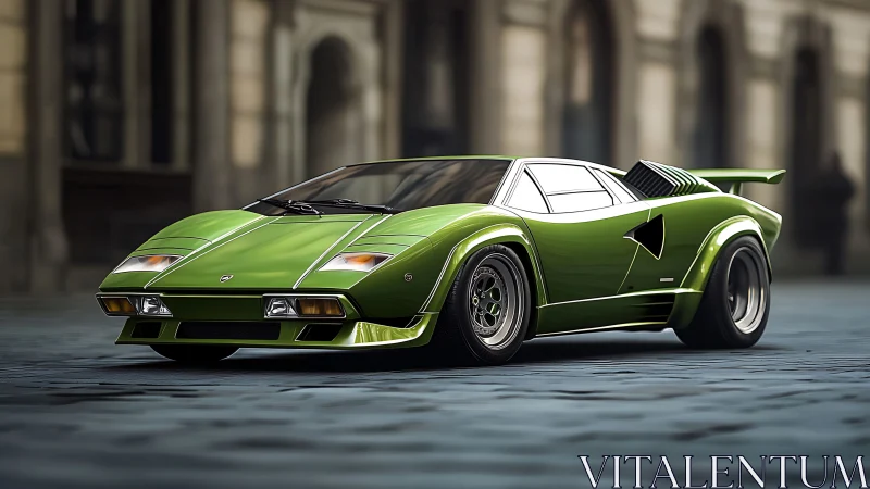 Electric green classic supercar glowing on quiet city street.