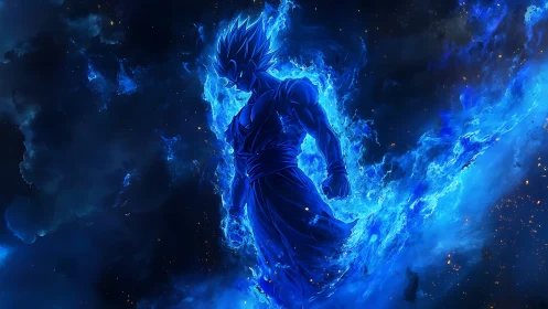 Cosmic blue warrior rising in a storm of glowing energy.