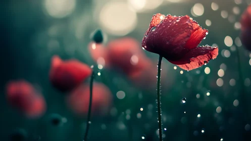 Crimson Blooms Adorned in Rainwater Jewels.