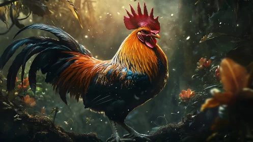 Radiant Rooster in Nature's Mystical Glow.
