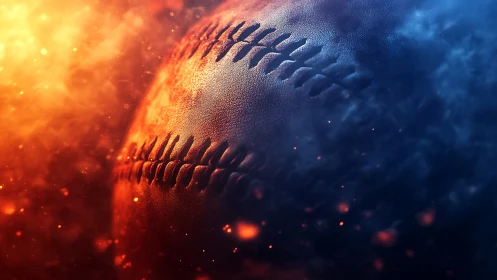 Macro baseball close-up in dramatic fire and ice lighting.