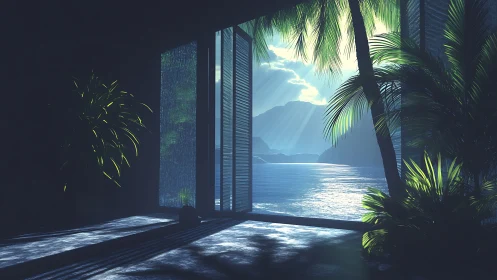 Soft morning light pours into a tranquil tropical seaside room