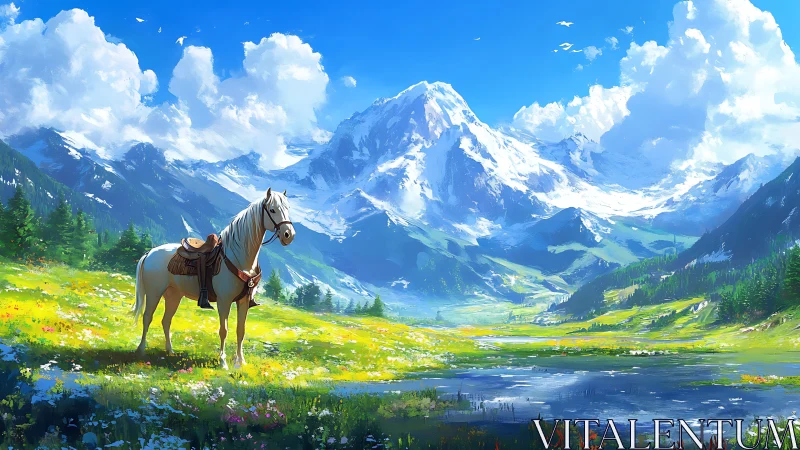 White saddled horse stands in alpine meadow before mountains