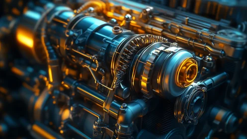 Detailed metallic turbocharger assembly in close-up view.