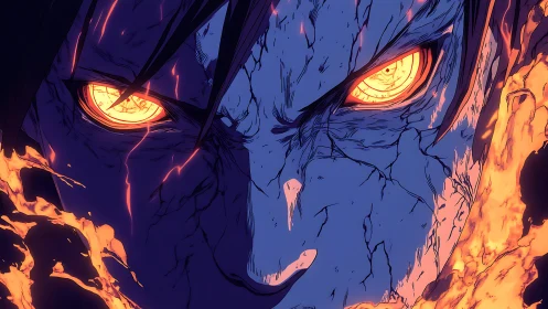 Close anime face with glowing orange eyes and rising flames.