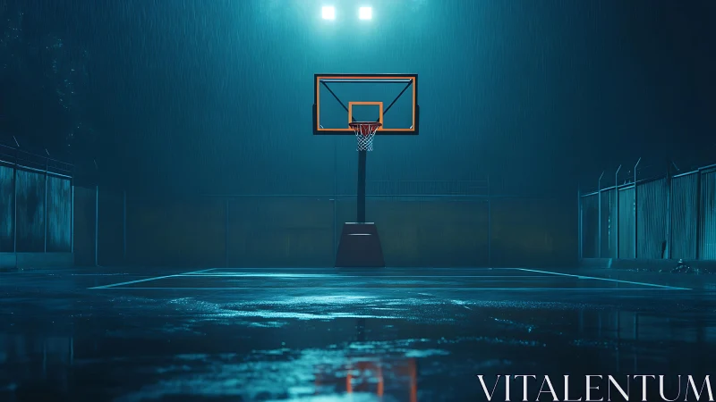 Solitary basketball hoop under neon rainlit night sky.