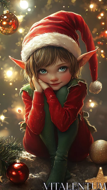 Daydreaming Christmas elf in soft golden twinklelight glow.