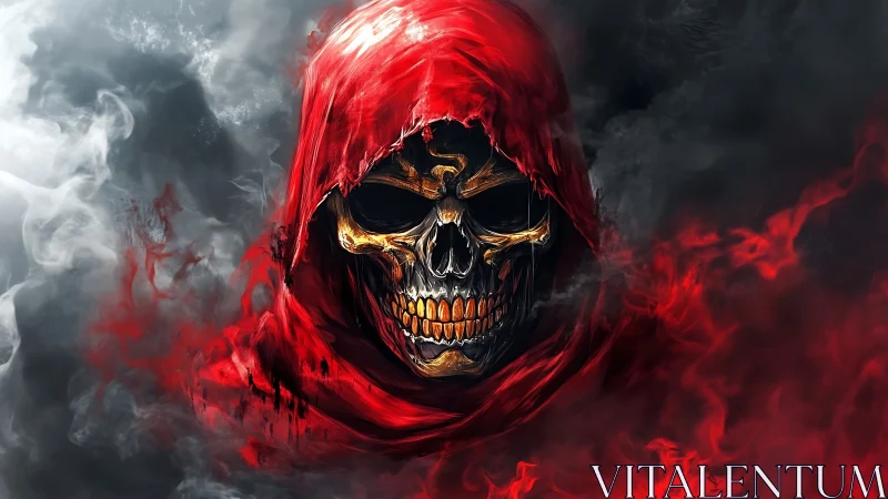 Smoldering hooded skull wrapped in fiery red shadows.