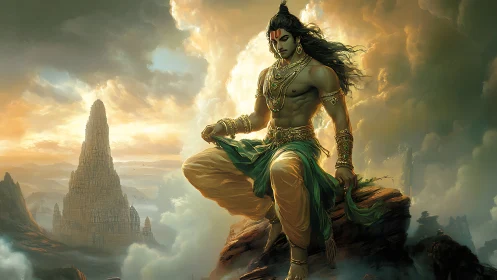 Divine warrior rests above misty spires at stormlit dawn