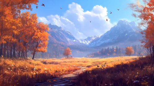 Autumn valley path leads toward distant snow-capped mountains