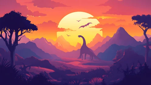 Layered vector landscape renders dinosaur silhouettes at sunset